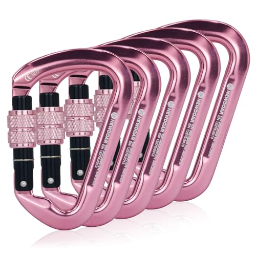 NewDoar CE Certified 30kN-6744lbs Climbing Carabiner Professional, Heavy Duty D Screwgate Clip, for Climbing,Rappelling,Hunting, Rescue - color: Screwgate/Pink/5pcs