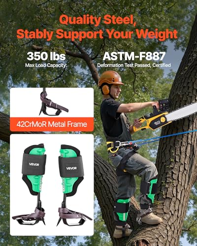 VEVOR Tree Climbing Spikes Set, 1 Pair Height-Adjustable Climbing Spurs with Security Harness and Utility Rope, 350lbs Load Capacity Tree Climbing Gear, Arborist Equipment for Climbers, Fruit Picking - color: Green