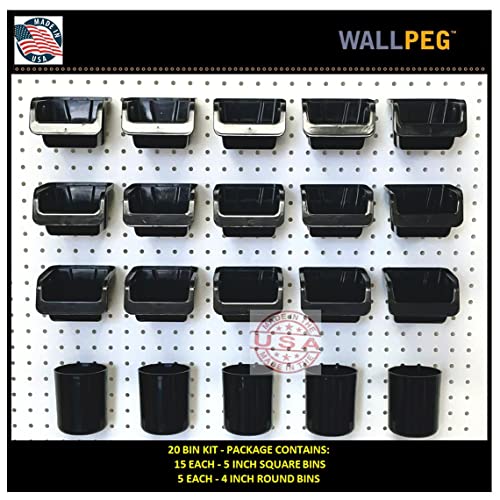 WallPeg Pegboard Bins & Cups - 15 each 5" Bins and 5 each 5" Cups - Hooks to Peg Board Panel Organize Hardware Arrange Accessories Workbench Tool Organizer Garage Storage -MADE IN USA- - style: 15 (5" Bins & 5 cups)