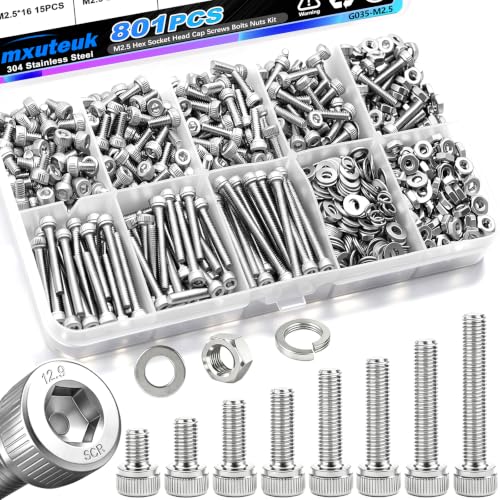 mxuteuk 801PCS M2.5 Screws Assortment Set,M2.5 x 4/6/8/10/12/16/20/25mm M2.5bolts，304 Stainless Steel Hex Socket Head Bolts Nuts Washers Set Suitable for 3D Printer,DIY - size: SS 801PCS M2.5, style: Hex Socket Head