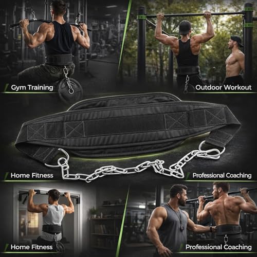 Fitness Dip Belt with Waist Chain, Nylon and Metal Weight Belt for Strength Training, Black - Durable Design, Adjustable Chains for Gym Power Building