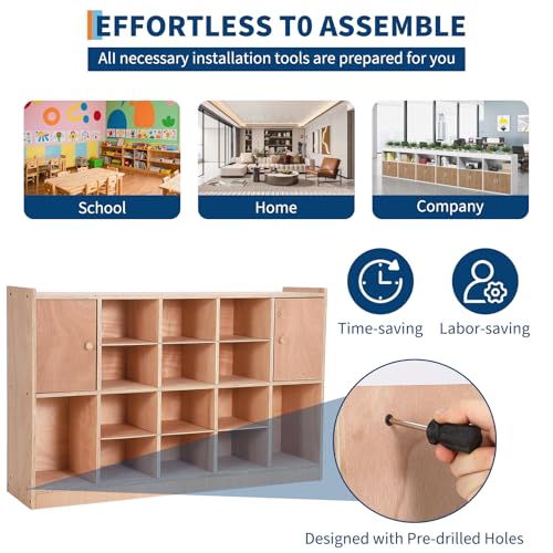 Garvee Mobile Storage Cabinet with 2 Cabinet Doors,Storage Cubby with 5 Anti-Flip Fittings, 4 Castors and 2 Boxes for Home,School,Kindergarten, Natural - size: 12 Cubbies with 2 doors