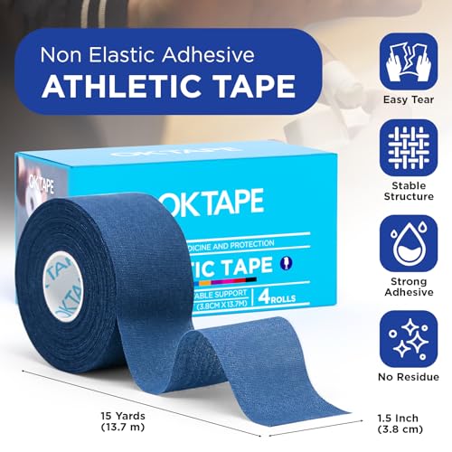 OK TAPE 4 Rolls Athletic Tape, Sports Tape, Very Strong Easy Tear Wrist Ankle Tape, No Sticky Residue | Athletes, Medical, Athletic Trainers- 1.5inch x 15yards (Blue) - color: Blue-4 Rolls, size: 15 yards