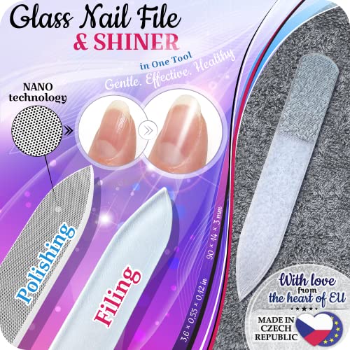 GLADZY Czech Glass Nail File Set - Multifunctional Nail Shiner Buffer, Callus Remover Foot Rasp, Glass Cuticle Pusher Manicure Stick, Etched Surface, Professional Nail Care Tool, Made in EU - color: All-in-one Set - With Shiner