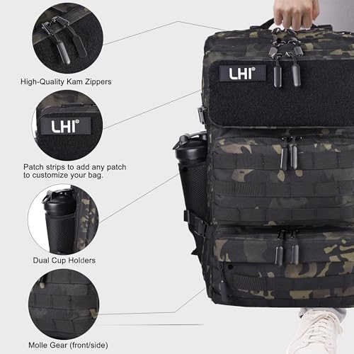 LHI Tactical Military Backpack for Men and Women 25L/35L Army Assault Pack Bag Small Rucksack with Bottle Holder - color: 50l-shoe Compartment(blackcp), size: Large
