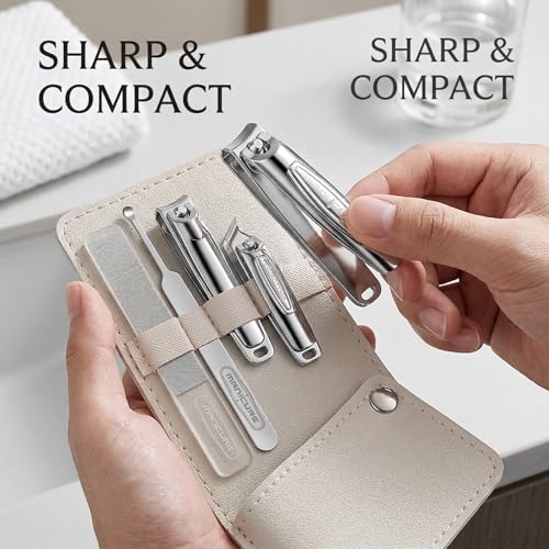 Nail Clippers for Men, 5pcs Professional Manicure Set with Sharp Slanted German Clippers, Stainless Steel Travel Pedicure Tools for Precise Hand Foot and Nail Grooming in Portable Leather Case