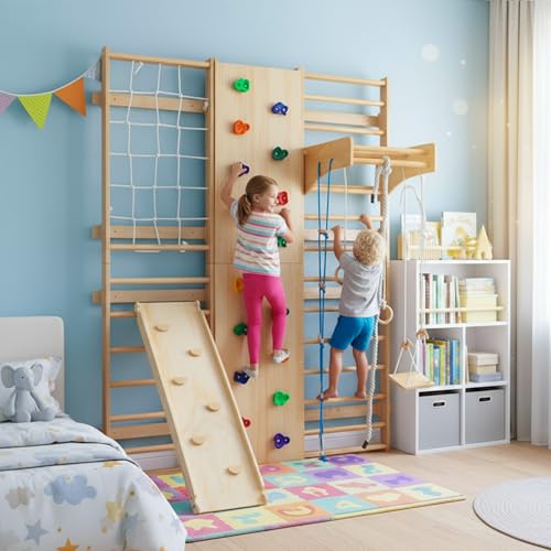 9-in-1 Indoor Climbing | All-in-One Wooden Home Playground with Rock Climbing Wall, Swings, Gymnastic Rings, Rope Ladder & More | Safe, Space-Saving Fitness & Fun for Family