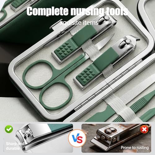 Manicure Kit for Women Men-Manicure Set with Case, Nail Clippers, Portable Nail Care Kit for Travel Home Personal Grooming（Green 7 in 1） - color: Green
