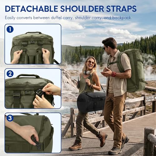 Haimont Heavy Duty Convertible Travel Duffel Backpack, Army Green, 60L | Shoe Compartment, Water-Resistant Tarpaulin, Wide U-Shaped Opening - color: Green, size: 60L