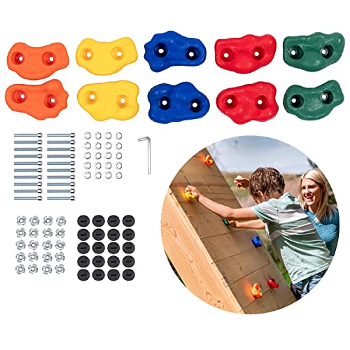 Squirrel Products Rock Climbing Holds for Kids, Deluxe Extra Large Climbing Rocks with Mounting Hardware - DIY Rock Wall Indoor & Outdoor Playground Accessories Wall Climbing Kit - Ages 3+ - style: 10 Pack with Patented Safety Plugs
