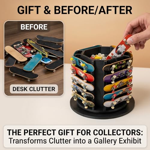 Fingerboard Display Rack Holder,360° Rotating,Pro Finger Skateboard Organizer for 20 Decks and Accessories,with Center Storage,Desktop Storage Tower for Fingerboard and Mini Collectibles,Heavy Duty