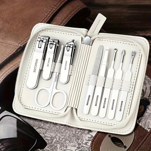 9 Piece Nail Clipper Set Stainless Steel Manicure Kit White Zipper Case for Home Travel Lightweight Grooming