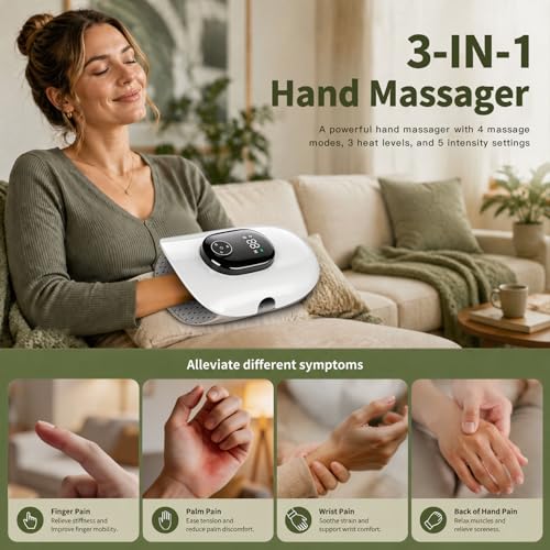 Heated Hand Massager with Finger Stretching & Kneading, Electric Hand & Wrist Massager, 4 Massage & 5 Compression & 3 Temperatures Modes, Gifts for Women Men (Green) - color: Grey