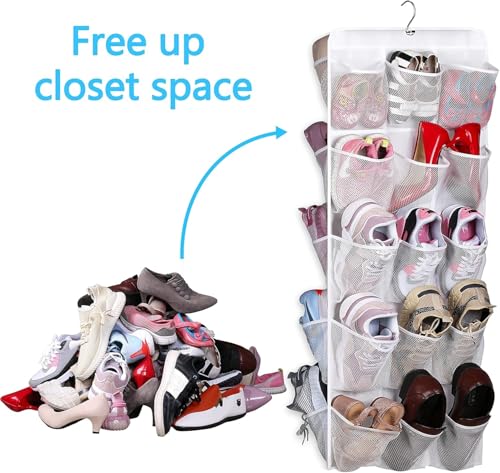 MISSLO 30 Large Pockets Dual Sided Hanging Baby Shoe Organizer for Closet with Rotating Hanger Hanging Shoe Shelves, White - color: White