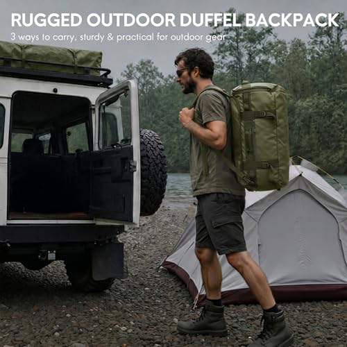 Haimont Heavy Duty Convertible Travel Duffel Backpack, Army Green, 60L | Shoe Compartment, Water-Resistant Tarpaulin, Wide U-Shaped Opening - color: Green, size: 60L