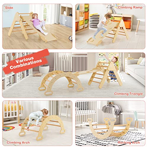 HONEY JOY 5 in 1 Wooden Climbing Toys for Toddlers, Triangle Climber with Ramp for Sliding or Climbing, Indoor Beech Montessori Triangle Climbing Arch Set for Daycare, Gym & Playground, Natural - style: 5 In 1