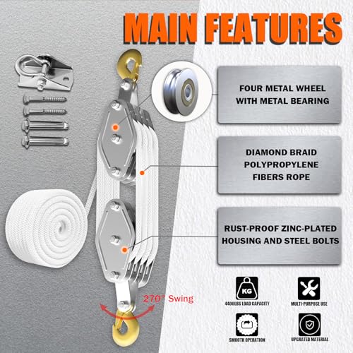 YATOINTO Rope Pulley Hoist 4400 LB, 8:1 Power Pulley Block and Tackle System, Pulley Block 65ft, Rope Hoist for Garage Warehouse Constructions with 1 Swing Hanger 2 Screws 2 Expansion Bolts - color: White, size: UPGRADED-4wheels+swing hanger