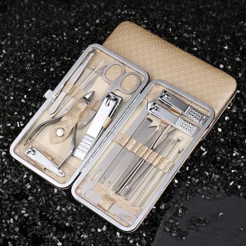 19 Pcs Manicure and Pedicure Kit with Portable Case Nail Grooming Tools for Travel Office and Home Use - color: Golden