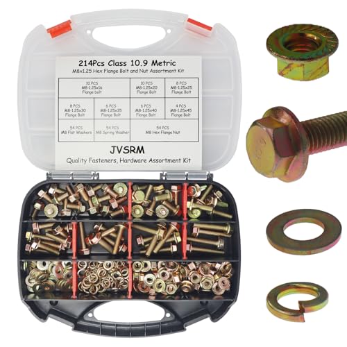 214pcs Grade 10.9 Metric Flange Bolts Assortment Kit, M8x1.25 Bolts (16-45mm), Metric Bolts and Nuts Assortment, Hex Bolt and Nut Washers Kit, Yellow Zinc Plated - size: 214PCS Metric Flange Bolt Kit M8, Grade 10.9
