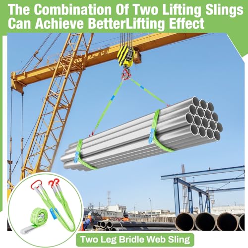 2 Pcs 5 FT Heavy Duty Polyester Lifting Rigging Straps Two Leg Bridle Web Sling with Hook & Twist Eye Lift Strap for Hoist Engine Crane Truck Tow Tree Stump 6613 Lbs Load Capacity, Green