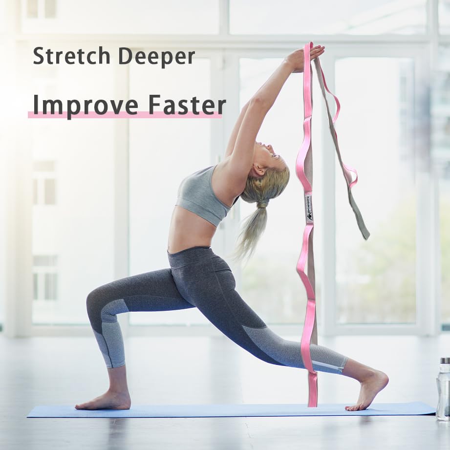 Stretching Strap Yoga Strap with Loops, Stretch Straps for Physical Therapy, Non-Elastic Exercise Strap for Pilates, Dance and Gymnastics with Workout Guide - color: Pink/Light Gray