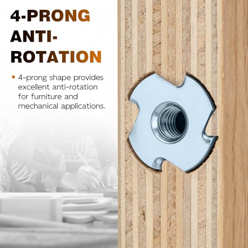 T-Nut, GudeTap 1/4"-20 T-Nuts, 4-Pronged Tee Nut (100 PCS) – Zinc Plated Steel, Rustproof, for Wood, Rock Climbing Holds, Furniture, Cabinetry - color: Zinc Plated Steel