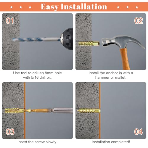 HINZIC 22 Set Steel Wall Anchors with Screws, #5×1-4/7, Gold - size: #5×1-4/7