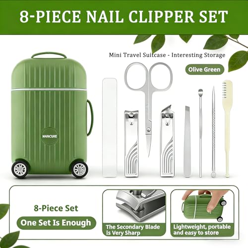 8-Piece Manicure Set in Mini Suitcase, Cute Travel Nail Clipper Kit with Stainless Steel Tools, Portable Grooming Care for Car Console, Office Desk Decor & Unique Gift, Olive Green, 3.9"