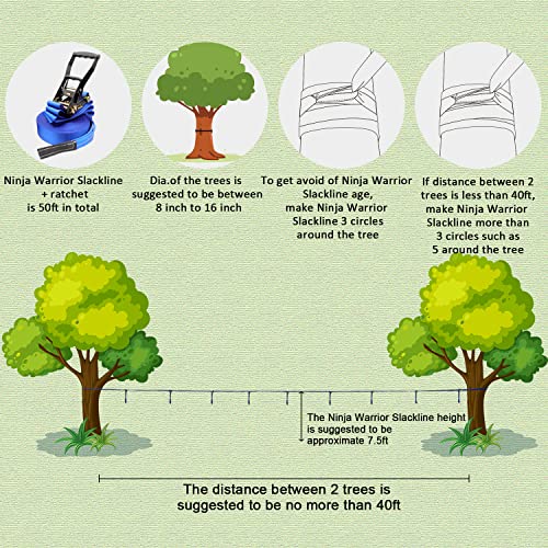 Ninja Warrior Obstacle Course for Kids - 50ft Slackline, 12 Removable Buckle Loops, 12 Ninja Attachments, Outdoor Training Equipment - style: Ninja Slackline