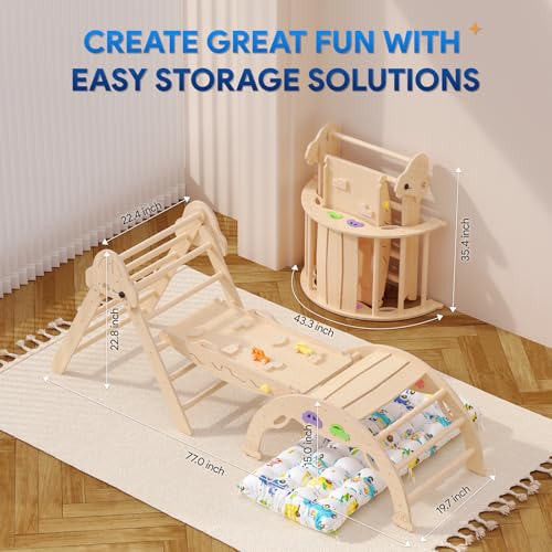 Pikler Triangle Set with Cushion 9 in 1 Foldable Montessori Climbing Toys for Toddlers 1-3 Indoor Wooden Kids Playground Baby Climbing with Maze Toys, Shape Sorter Toys, Car