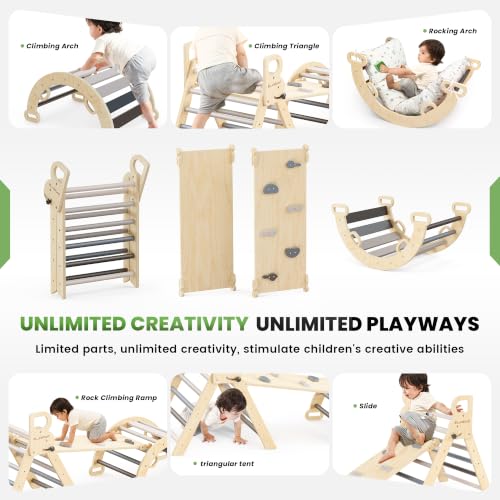 BlueWood Pikler Triangle Set with Cushion, 8-in-1 Climbing Toys for Toddlers, Montessori Philosophy Play Jungle Gym with Arch, Ramp, Ladder(Elegant Gray) | Foldable 8-in-1 Montessori Philosophy Toddler Climbing Toys Indoor with Reversible Ramp, Arch and L