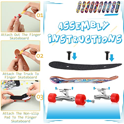 Civaner 10 Pack DIY Kids Finger Skateboard Set with Box and Replacement Accessories Mini Collectible Fingerboard Toy Kit School Gifts for Kids Children Fingers Skater(Graphic)