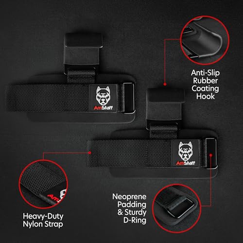 AmStaff Fitness Weight Lifting Hooks (Pair) - Gym Wrist Straps with Steel Hooks for Weightlifting, Pull-Ups, Deadlifts, Strength Training, and Fitness Workouts - Adjustable Neoprene Wrist Support - color: Black