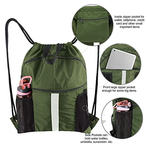 BeeGreen Drawstring Backpack Bag with Shoe Compartment, X-Large Black Gym Sports String Cinch Backpack - color: Moss Green