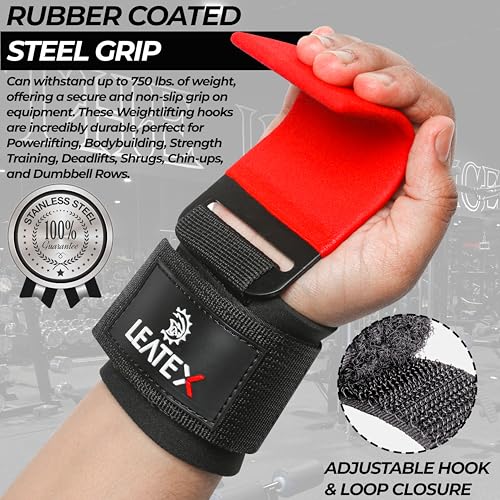 Weight Lifting Hooks (Pair) for Deadlifts, Pull Ups, Rows & Shrugs - Anti-Rip Nylon Strap Hand Grips with Thick Wrist Padding - Heavy Duty Wrist Straps for Weightlifting & Gym Workouts - color: Red