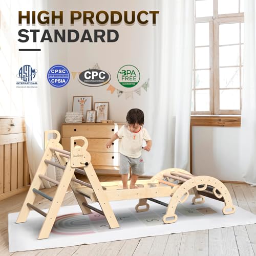 BlueWood Pikler Triangle Set with Safe Handle, Climbing Toys for 1-3 Year | Foldable 7-in-1 Montessori Toddler Climbing Toys Indoor, Wooden Pickler Climbing Set, Baby Jungle Gym & Playground, Pink - color: Mauve Pink