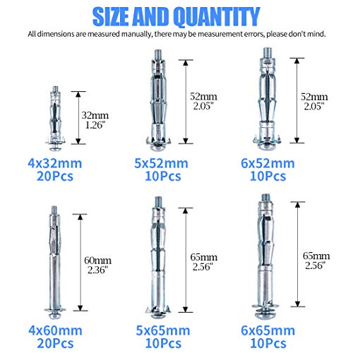 Glarks 80Pcs 6 Size Heavy Duty Zinc Plated Steel Molly Bolt Hollow Drive Wall Anchor Screws Assortment Kit for Drywall, Plaster and Tile - size: 80Pcs 6 Sizes Assortment Set