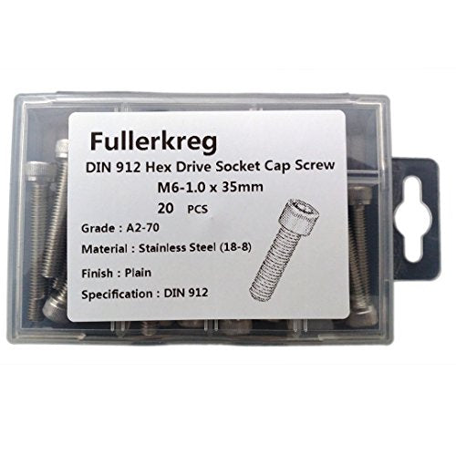 Fullerkreg M6-1.0 x 35MM Socket Head Cap Screws, Allen Socket Drive, Din 912, AISI 304 Stainless Steel (18-8), Full Thread, Bright Finish, Machine Thread, Quantity 20 - size: M6-1.0 x 35MM