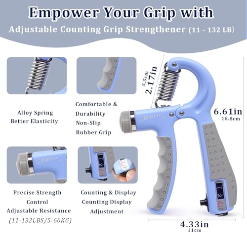 Grip Strength Trainer Kit Adjustable 10-132Lbs Hand Exerciser Counter | Forearm Strengthener, Finger Stretcher, Stress Ball and Bag for Grip Recovery, Wrist Training, Rehab, Climbers and Musicians - color: Blue