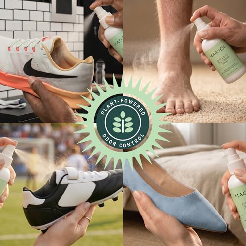 Magsol Natural Shoe Deodorizer & Foot Spray, Peppermint, Tea Tree & Eucalyptus Essential Oil Odor Eliminator for Sneakers, Work Boots & Gym Bags, Fast-Acting Foot Deodorant, 4 Fl Oz