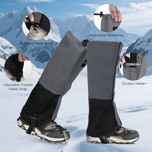Waterproof Adjustable Hiking Gaiters for Men and Women, Snow Boots-Gaiters for Hiking in Hunting Sand Mud Mountain Climbing Snowshoeing - color: Grey