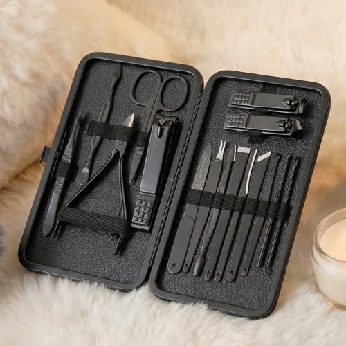 Manicure Kit for Women Men-Manicure Set with Case, Nail Clippers, Portable Nail Care Kit for Travel Home Personal Grooming（Black 16 in 1） - color: Black