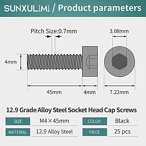 M4 x 45mm Socket Head Cap Screws Bolts 12.9 Grade Alloy Steel Metric Machine Hex Socket Screw, Black Oxide Finish, Fully Threaded, 25PCS - size: M4×45mm