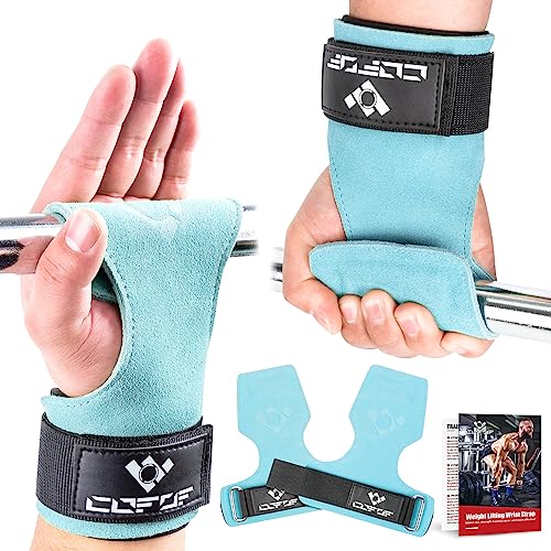 COFOF Weight Lifting Wrist Strap, Double Layer Leather Wrist Strap for Deadlift and Powerlifting, Adjustable Neoprene Padded Gym Workout Lifting Hooks (Pair) - color: Lake Blue