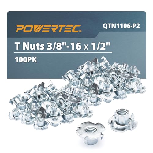 POWERTEC 3/8"-16 T Nuts, 100 Pack | 4 Pronged Tee Nuts for Bolts and Stem Caster Wheels, Threaded Inserts for Woodworking, Rock Climbing Holds and Furniture | 13/32" Length (QTN1106-P2) - size: 13/32", style: 3/8"-16