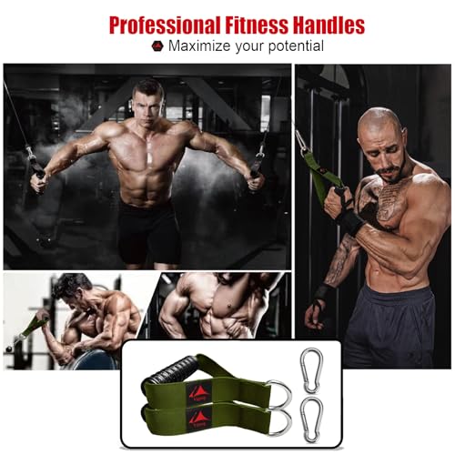 Heavy Duty Gym Exercise Handles Attachment for Cable Machine,Resistance Band,Pulley System Home Fitness Workout Equipment, with Elastic Rubber Grip and 2 Large Carabiners - color: Military Green