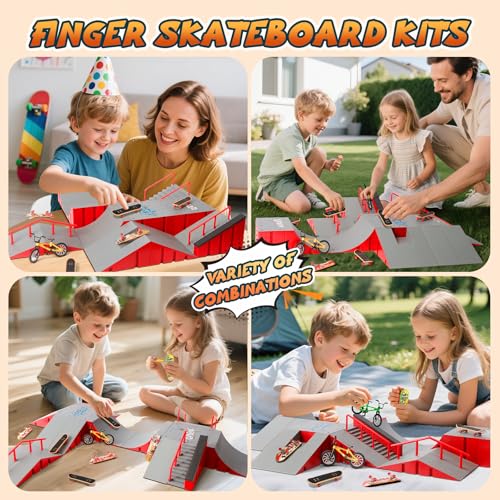 Finger Skateboard Park Kit for Kids, 14-in-1 Mini Skatepark Ramp Set with Half Pipe, 8 Finger Skateboards & Finger Bike, Ramp Accessories Toy Gifts for Boys Girls Ages 3+ - color: 14in1-red