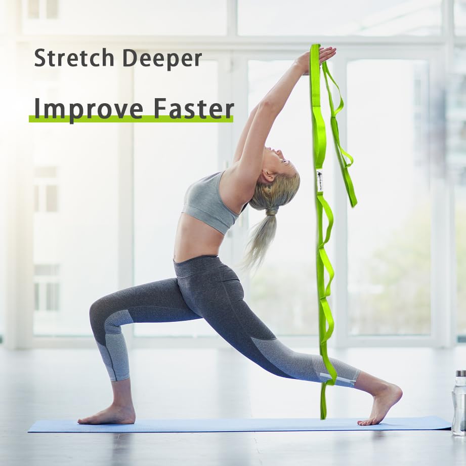 Stretching Strap Yoga Strap with Loops, Stretch Straps for Physical Therapy, Non-Elastic Exercise Strap for Pilates, Dance and Gymnastics with Workout Guide - color: Green