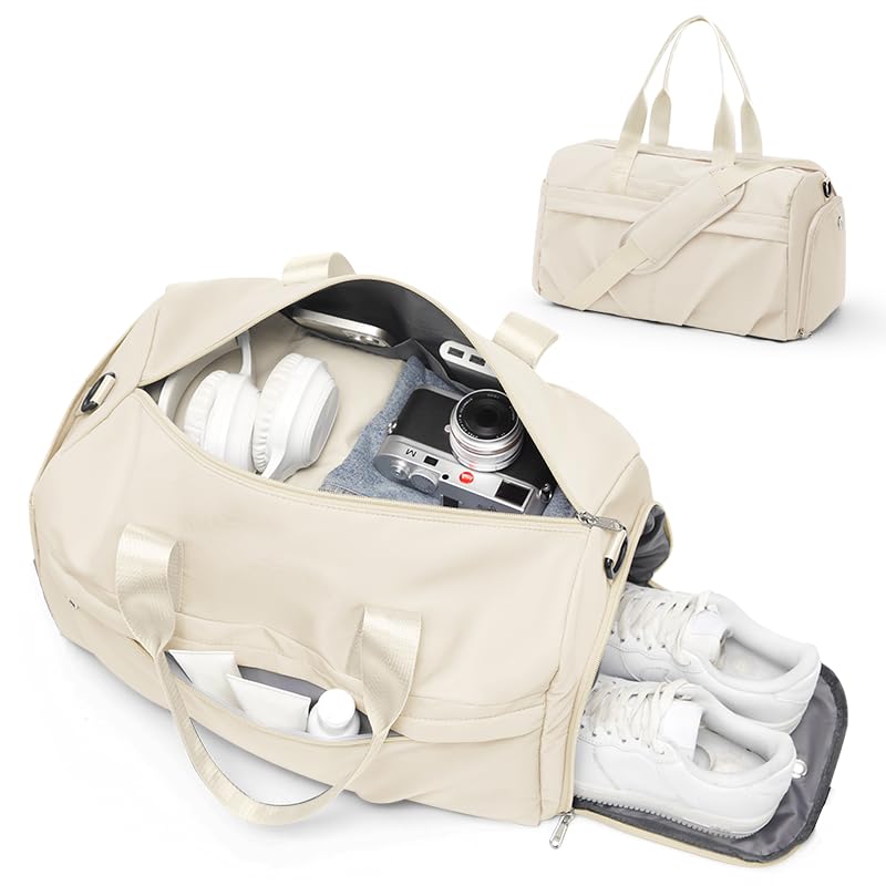 Gym Bag for Women Men, Sport Duffel Bag with Toiletry Bag & Shoe Compartment,Waterproof Travel Weekender Overnight Carry on Bag for Yoga with Trolley Sleeve, Beige Set - color: A6-Beige Set