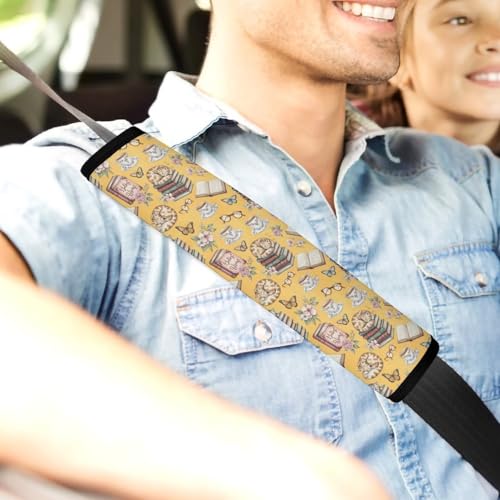 2PCS Book Cat Pink Flower Spring Art Seat Belt Cover Soft Padded Neck Strap Covers for Kids, All Vehicles, Comfortable Driving - color: Pattern 164